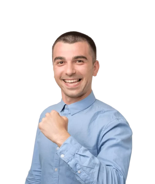 Young guy with a buttoned up shirt and a smile, giving a 'way to go' arm swing.